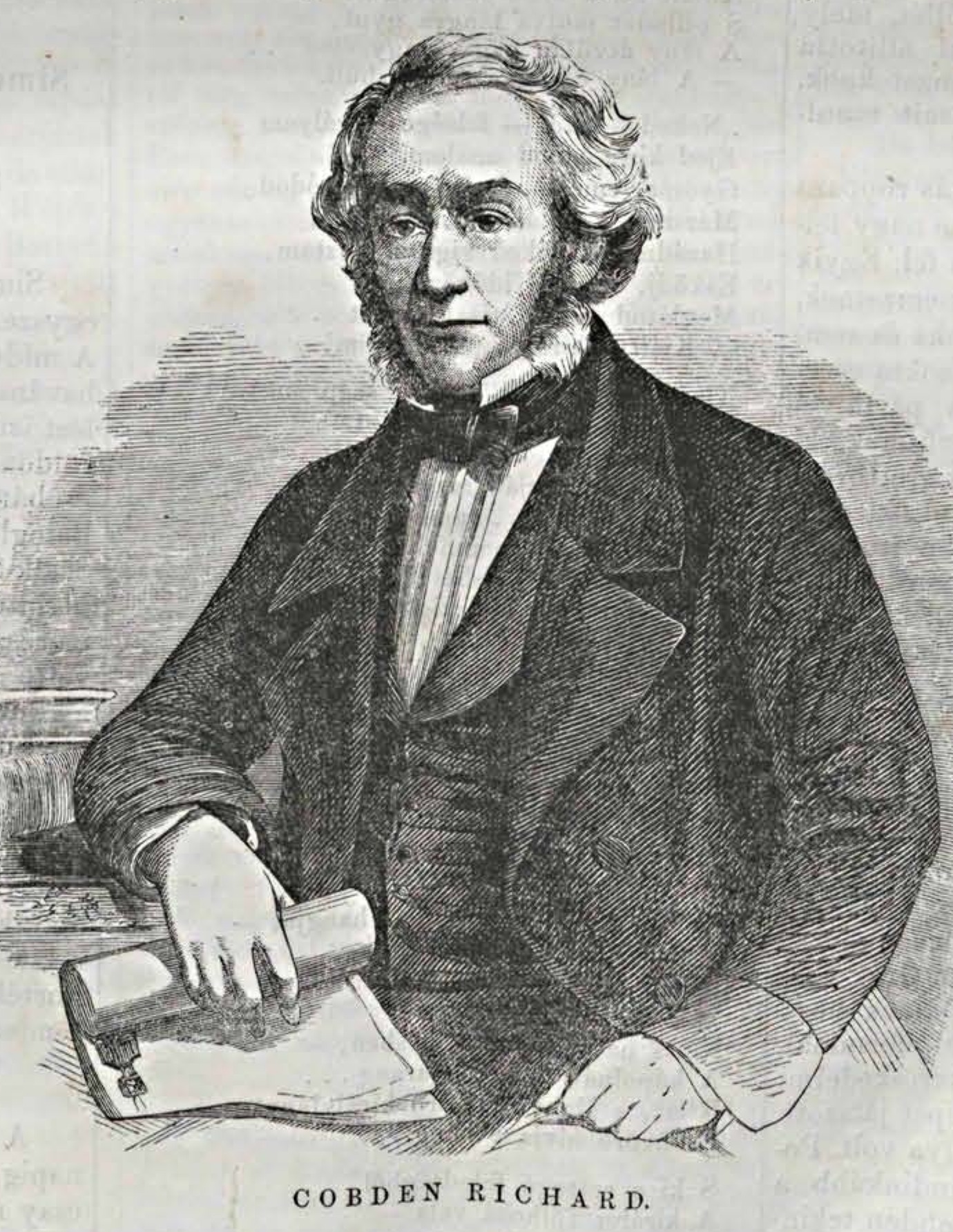 Richard Cobden egész alakos portréja: ülve, irattekercset tartva ábrázolják.