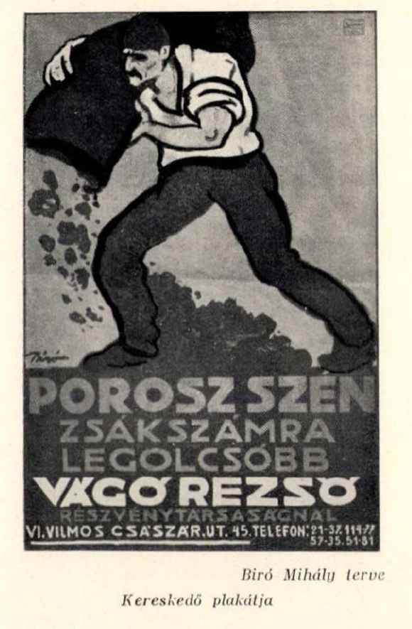 Bíró Mihály kereskedőplakátja: egy munkás szenet lapátol a „Porosz szén zsákszámra legolcsóbb” felirat fölött.