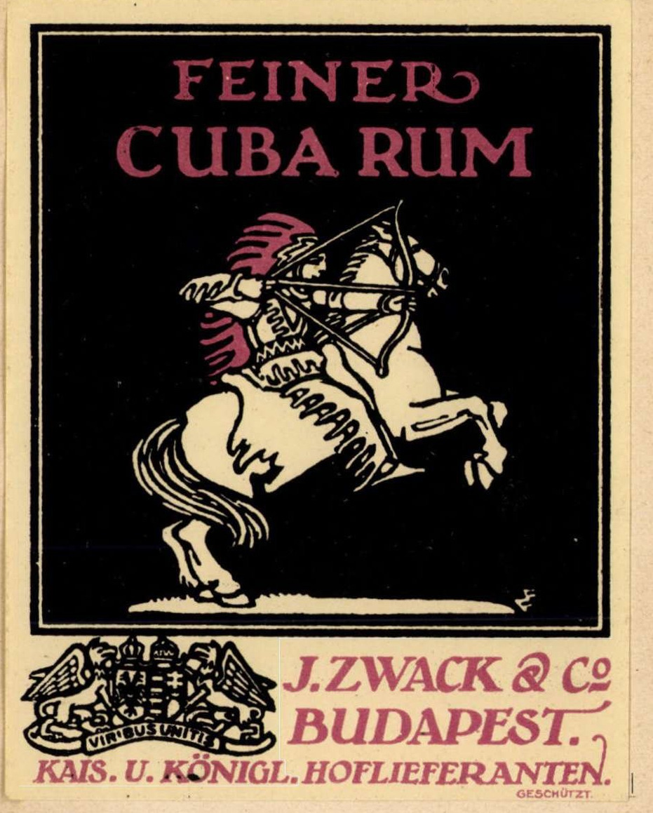 Zwack Cuba Rum fekete és piros címkéje íjat feszítő lovassal.